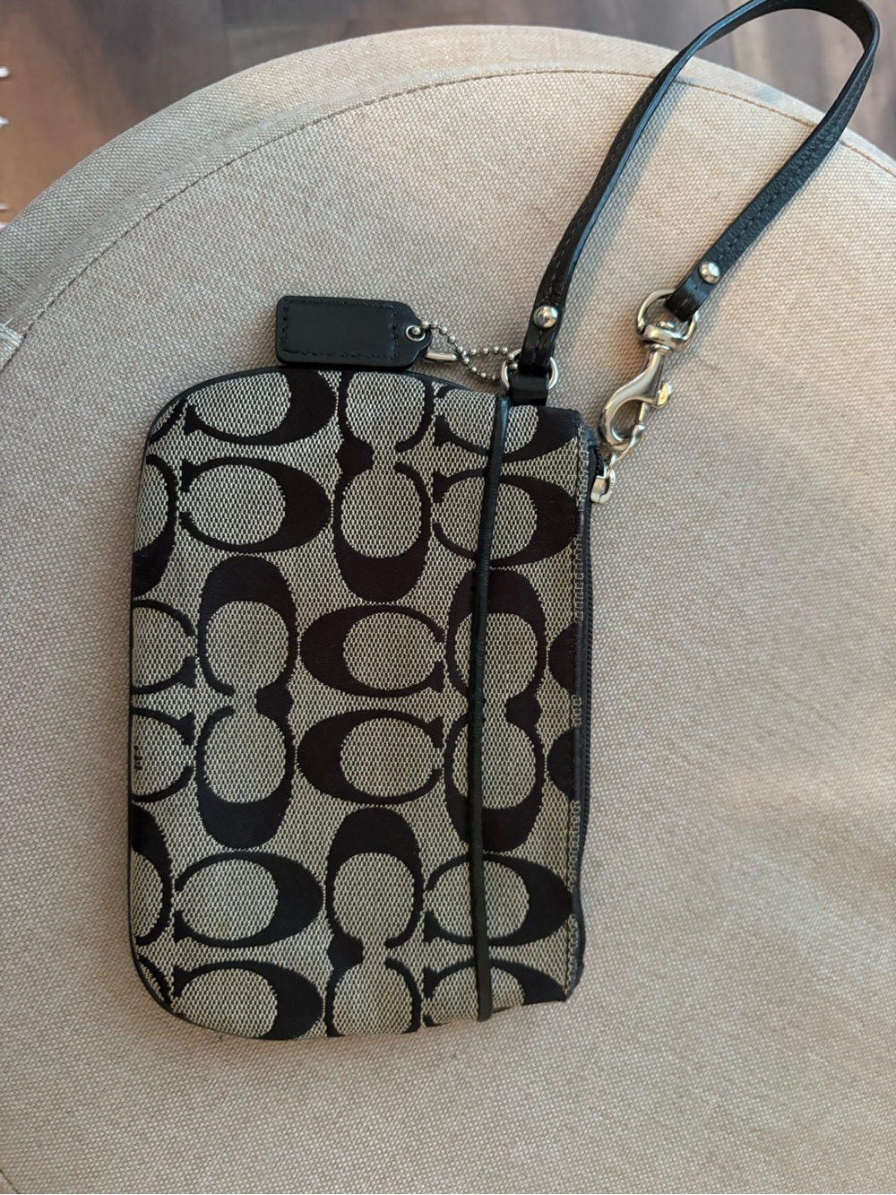 Coach Tan and Black Signature Canvas Wristlet with Strap